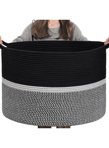 CHICVITA Extra Large Laundry Basket, Woven Rope Blanket Basket For Towels, Clothes, Toy Storage Basket, Pillow Basket For Living Room, Family Room, 22 x 22 x 14 inches, Black