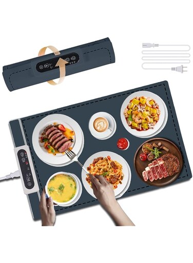 Portable Warming Mat for Food, Adjustable Temperature Foldable Electric Warming Tray, Full Surface Heating, Premium Silicone Material, 3 Modes, Timer Function, For Parties, Buffets, Gatherings (Navy)