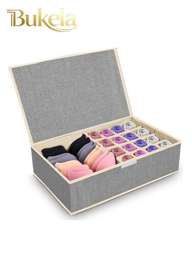 Clothes Underwear Drawer Organizer with Lid, 17 Cells Bra Closet Organizers, Foldable Underwear Storage Box, Fabric Divider Drawer Compartment for Clothing Underwear Bras Socks