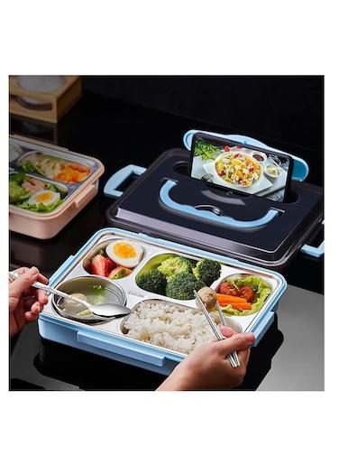 Stainless Steel Lunch Box Leakproof Bento Box 5 Compartments Lunch Container with Tableware &amp; Insulation Bag for Kids Adults School and Office Hot Water and Microwave Heating (Blue)