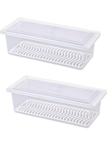 2-Piece Food Storage Container Organizer with Removable Drain Tray To Keep Fresh for Fruits, Vegetables, Meat and Fish Clear 29.5cm