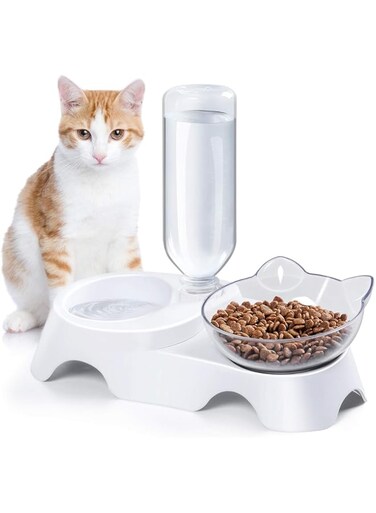 Mumoo Bear Double Dog Cat Bowls - Pets Water and Food Bowl Set, 15&deg;Tilted Water and Food Bowl Set with Automatic Waterer Bottle for Small or Medium Size Dogs Cats