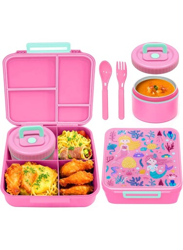 Lunch Box for Kids, Children Bento Lunch Box with 4 Compartments for Student Aged 3-12, Leak-Proof Kids Lunchbox with Thermo Soup Bowl for Girls and Boys, Microwave  Dishwasher  Freezer Safe &amp; Bpa-Free (Pink)