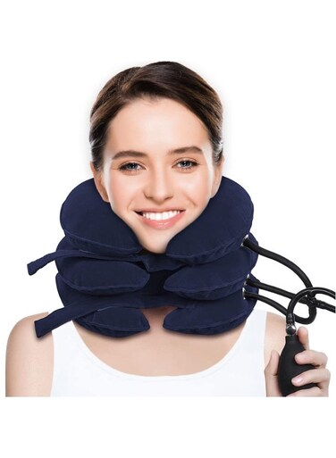 Adjustable Air Inflation Neck Traction &acirc;&euro;&ldquo; Portable Cervical Support Device with Pump, Ergonomic Design for Home Comfort (Blue)