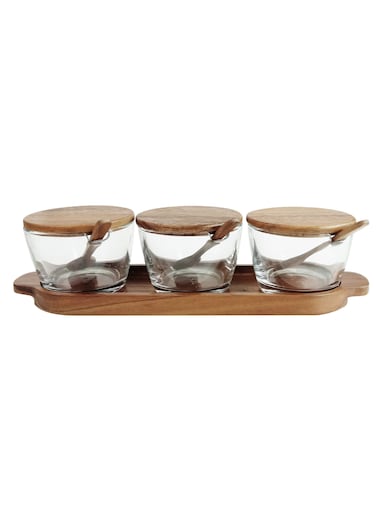 Glass Spice Jars Set of 3 - Condiment Pots Storage Jars with Wooden Lids, Spoons, Base