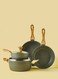 East 6 Piece Aluminum Cookware Set, Non-Stick Surface with Wood Finish Handles and Tempered Glass Lids, PFOA Free, Includes 1x24cm Deep Frying Pan, 1x28cm Deep Frying Pan, 1x18cm Saucepan with Lid, 1x24cm Casserole with Lid, Grey Grey