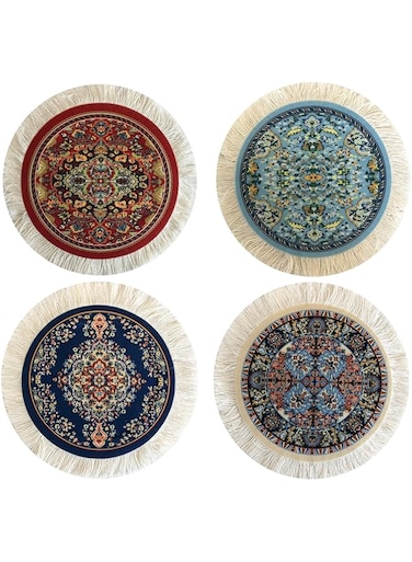 Inusitus Carpet Coasters, Set of 4 Turkish Rug Style Table Drink mats, Absorbent Kitchen and Dining Accessories, Spill &amp; drip Protection, Round