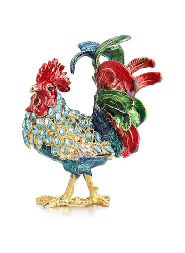 DLXK Hand Painted Enamel Rooster Trinket Box, Unique Home Decor Figurine Keepsake Collectible, Personalized Elegant Handmade Ornament (Rooster-Blue)