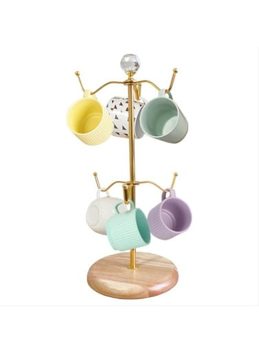 Coffee Mug Tree Holder Metal,Double Tier Mug TeaCups Holders Countertop,Coffee Mug Tea Cup Stand Storage Rack Tabletop Counter 6 Hooks(Crystal Ball)