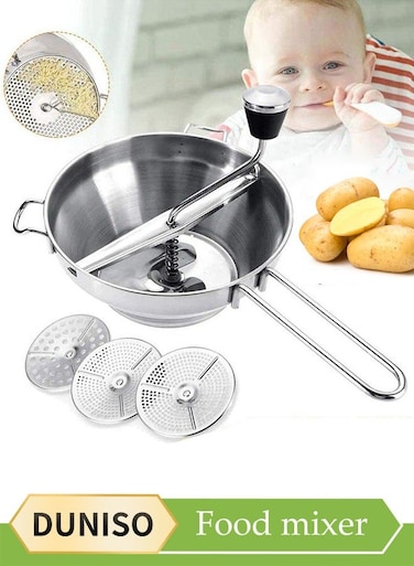 Stainless Steel Manual Food Mixer,Multifunctional Kitchen Blender, Baby Food Grinder, Equipped With 3 Interchangeable Shredding Plates,Easy To Clean,Suitable For Jams, Vegetable Puree, Fruits, Potatoes, And Garlic