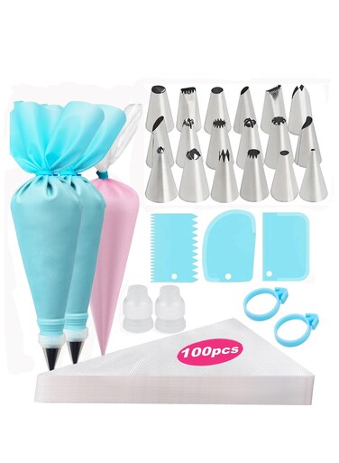 Piece 12 Inch Disposable Piping Bags and Tips Set, 12 Frosting Tips,2 Reusable Piping Bags, 2 Couplers, 2 Bag Ties &amp; 3 Cake Scrapers, Cake Icing Kit