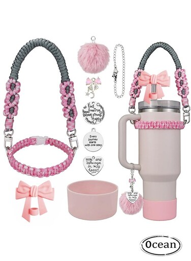 9 PCS Cup Accessories Set for Stanley, Water Bottle Accessories Set, Straw Topper Accessories for Stanley Cup 40oz&amp;30oz Tumbler (Pink)
