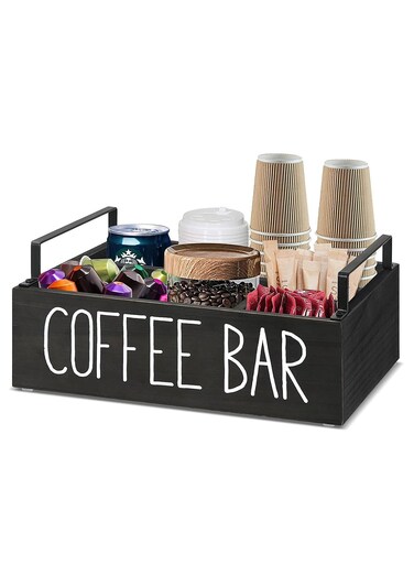Coffee Station Organizer, Wooden Coffee Bar Accessories Organizer Farmhouse Coffee Pods Holder Storage Box with Handle Coffee Bar Organizer Countertop for Home Office 1 Tier