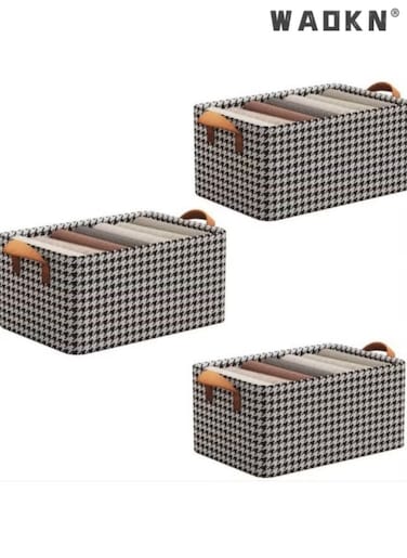 3 Pieces Storage Bins Steel Frame Style Clothing Storage Box, Household Wardrobe Layered Clothing Basket,Cotton Linen Fabric Folding and Organizing Box for Organizing Clothes,Toys,Books
