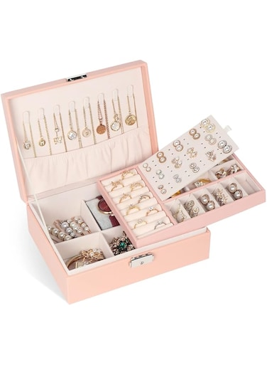 Jewelry Organizer Box, Leather Jewelry Box for Girls Gift Earring Organizer with Lock Double Layers Jewelry Case Removable Tray for Necklace Earring Ring