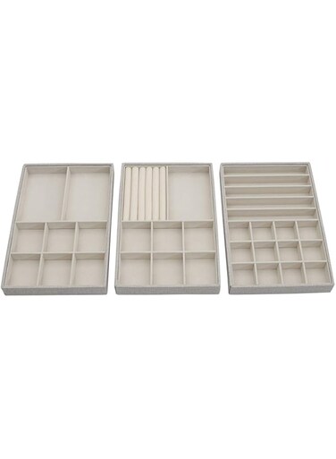 Household Essentials Grey Stacking Jewelry Organizer Box Tray Set with Removable Lid Fabric (744-1)
