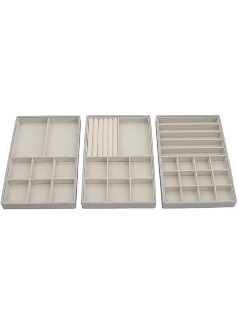 Household Essentials Grey Stacking Jewelry Organizer Box Tray Set with Removable Lid Fabric (744-1)