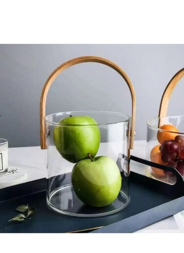 Scandinavian Style Glass Fruit Plate, Clear Wine Bucket, Salad Bowl, Home Snacks, Wooden Handle Fruit Storage Basket