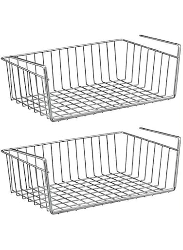 YumLock 2 Pcs Kitchen Under Shelf Storage Basket Large - Lightweight Metal Organizer Rack 40 X 26 X 14 cm (Silver)
