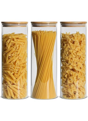 Airtight Glass Storage Canister with Bamboo Lid, Clear Food Storage Container Kitchen Pantry Storage Glass Canisters Jar Set for Flour Cereal Sugar Tea Coffee Beans Snacks Nuts Candy (3 Pack, 2200ml)