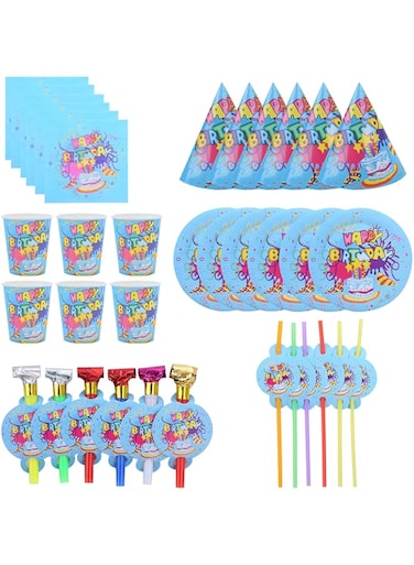 Goldedge Happy Birthday Print Design Paper Plate, Cups, Straws and Tissue 36-Piece Set