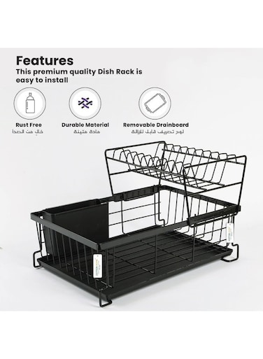 Home Compact Dish Drying Rack 2 Tier Dish Racks for Kitchen Counter, Stainless Steel Kitchen Dish Drying stand Detachable Capacity Dish Drainer Organizer with Utensil Holder Drain Board Black