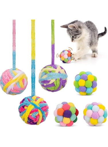 Aluchy Cat Toys Ball, Woolen Yarn Cat Toy Balls with Bell and Cat Fuzzy Balls, Interactive Cat Toys for Indoor Cats and Kittens, Cat Kitten Chew Toys, 6 Pack