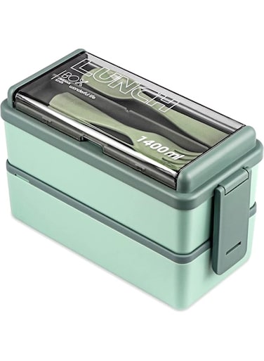 Bolivia's Bento Box, 1400ml Double Layer Square Portable Adult Lunch Box Containers, Durable Leak Proof Microwavable Sandwich Box, Leakproof Food Storage Set for School, Work, Picnic (Green)