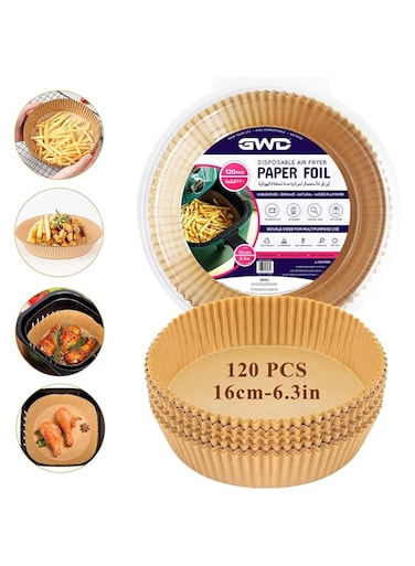 GWD&reg; 120Pcs Air Fryer Paper Liner - 6.2 inch / 16cm (Round) - Non-Stick, Water-Proof Air Fryer Liner - Air Fryer Disposable Paper Liner for Baking Roasting Microwave - Parchment Paper, Baking Paper