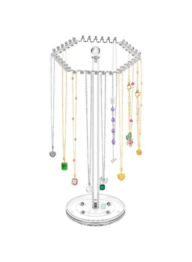 NALACAL Rotating Acrylic Necklace Holder, Clear Jewelry Organizer Stand with 36 Hooks, Display Rack for Rings, Earrings, Bracelets, Chains, and Necklaces, Durable Jewelry Storage Hanger