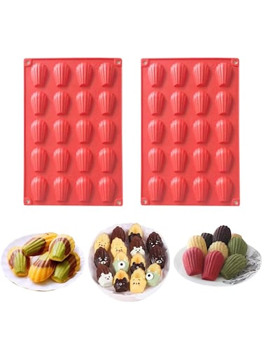 HYCSC 20 Cavity Madeleine Pan, 2Pcs Nonstick Silicone Madeleine Molds, Shell Shape Baking Cake Mold Pan (20 Cavity Red)