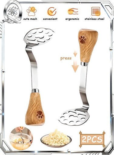 2 PCS Potato Masher, Wooden Stainless Steel Potato Masher, Long Handle Cute Bear Paw-Shape Garlic Puree Potato Press Tool