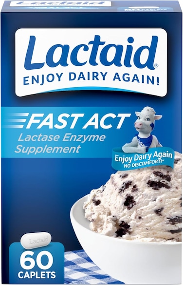 Lactaid Fast Act Lactose Intolerance Relief Caplets, Lactase Enzyme To Prevent Gas, Bloating &amp; Diarrhea Due To Lactose Sensitivity, Supplements For Travel &amp; On-The-Go, 60 Packs of 1-ct.