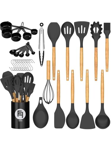 FOFA" Kitchen Cooking Utensils Set, 35 pcs Non-Stick Silicone Cooking Kitchen Utensils Spatula Set with Holder, Wooden Handle Silicone Kitchen Heat Resistant Gadgets Utensil Set (Black)