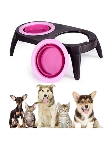 Collapsible Outdoor Travel Silicone Dog Cat Feeder Double Bowl with Non Slip Stand for Small Dogs Cats, Pink