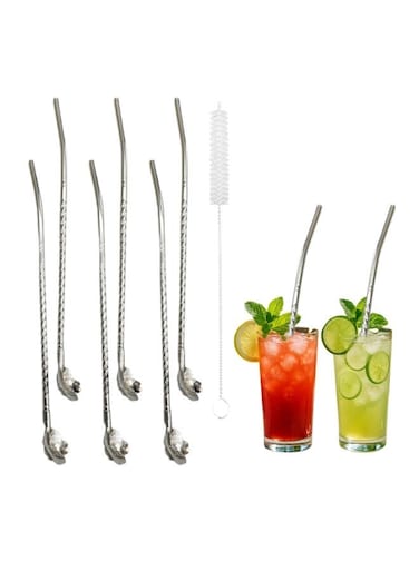 Premium Stainless Steel Spoon Straws Set, 304 Grade Steel, 21.5 cm Length, Rust-Resistant Filter Design, Silver, 7-Piece Set (6 Straws + Cleaning Brush), Dishwasher Safe &acirc;&euro;&ldquo; SOBHYS