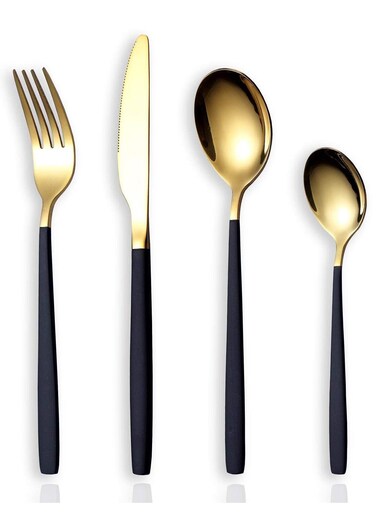Cutlery Set, Royal 4 Piece Matte Black Gold Stainless Steel Tableware Sets for 1 Including Forks Spoons Knives, Camping Silverware Travel Utensils Set Cutlery