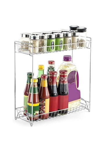 Spice Standing Rack Kitchen Organizer Spice Jar Shelf Organizer 2 Tier Stainless Steel Spice Bottle Rack Holder Storage Kitchen Countertop Shelves C Silver