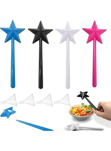 Rayyan Star Shaped Salt and Pepper Shakers, Pentagram Shape Fairy Wand Three Holes Salt Dispenser, Refillable Removable Light One Hand Operation Kitchen Accessories(Pack of 4, Black, White, Blue, Rose
