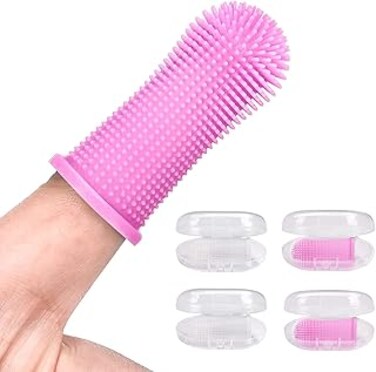ELECDON Dog Toothbrush for Dog Teeth Cleaning Dog Fingerbrush Toothbrush Dog Tooth Brushing Kit Set of 4 Dog Finger Toothbrush Pet Toothbrush Pink/Clear
