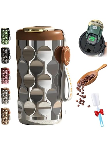NALACAL 14 oz Stainless Steel Vacuum Insulated Tumbler with LED Temperature Display Lid - Spill-Proof Coffee Travel Mug, Keeps Drinks Hot or Cold - Silver
