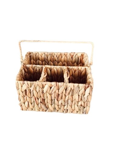 Wicker Flatware Organizer, Hand Woven Water Hyacinth Cutlery Holder for Countertop with Handle, 1 Pack.