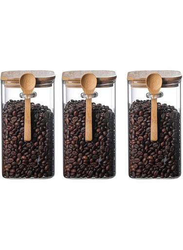 Glass Storage Jar with Bamboo Lids and bamboo Spoon,Set of 3 Airtight Food Jars Kitchen Food Storage Containers with Scoop For Serving Tea, Coffee, Flour, Sugar, Candy, Cookie, Spice (Large:1200ml)