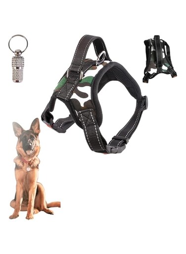 PETSARY Heavy Duty Dog Safety Harness with 1 Pcs Pet ID Tag - Adjustable No-Pull/Choke Breathable Padded Chest Harness Vest - Helps Prevent Take Control - Reflective Buckle for Training Walking Large