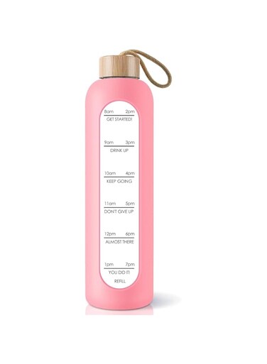X spring Glass Water Bottle, 32 Oz Borosilicate Water Bottle with Time Marker and Bamboo Lid, Compact and Portable Glass Bottle with Silicone Sleeve, Leakproof Glass Water Cup for Travel Gym and Home