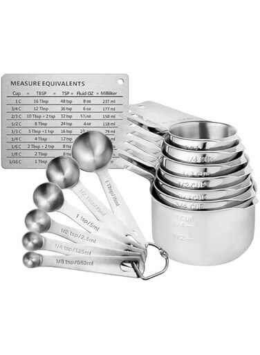 Goodstuff Measuring Cups and Spoons Set of 15, Durable Single Stainless Steel 6 Measuring Cups and 6 Measuring Spoons with 2 D Rings and Magnetic Measurement Conversion Chart