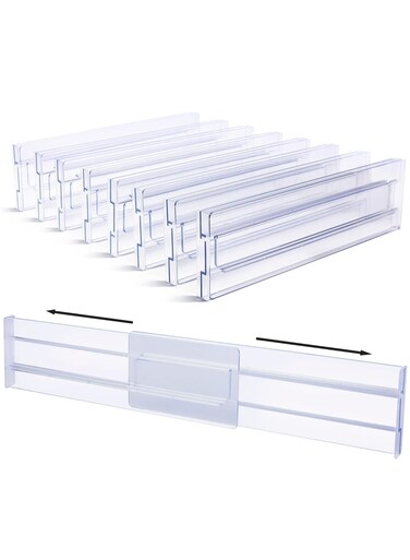 8Pcs Drawer Dividers Organizers Adjustable 3.2 Inch High Expandable from 12.2 to 21.4 Inch Kitchen Utensils Organizer Clear Plastic Drawer Separators for Clothing Installed by Double Sided Tape