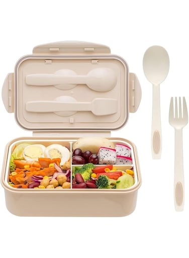 MAIYIDACK Bento Lunch Box with 3 Compartments, 1400ml Capacity, Reusable Utensils, Leakproof and Microwave Safe (Khaki)