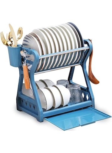 YumLock Dish Drainer Rack Set - Sturdy Plastic Organizer for Kitchen Counter - 2 Tier Drying Rack with Drainboard, Plastic and Stainless Steel Kitchen Dish Strainer Rack - with Utensil Holder, Blue