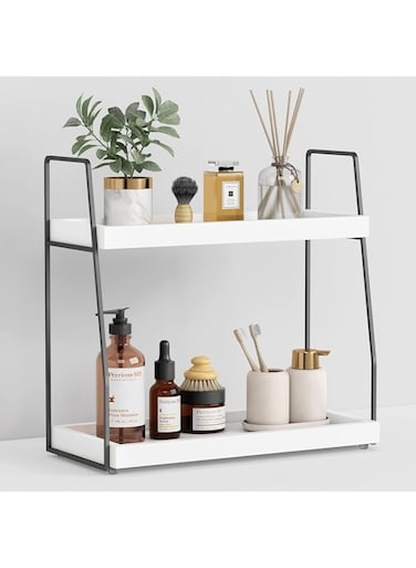 Forbena Bathroom Counter Organizer, 2 tier Bathrooom Organizer Over Toilet, Wood Countertop Corner Organizer Shelf for Vanity Accessories, Sink Organizer Tray for Makeup Bedroom (White-Grey)